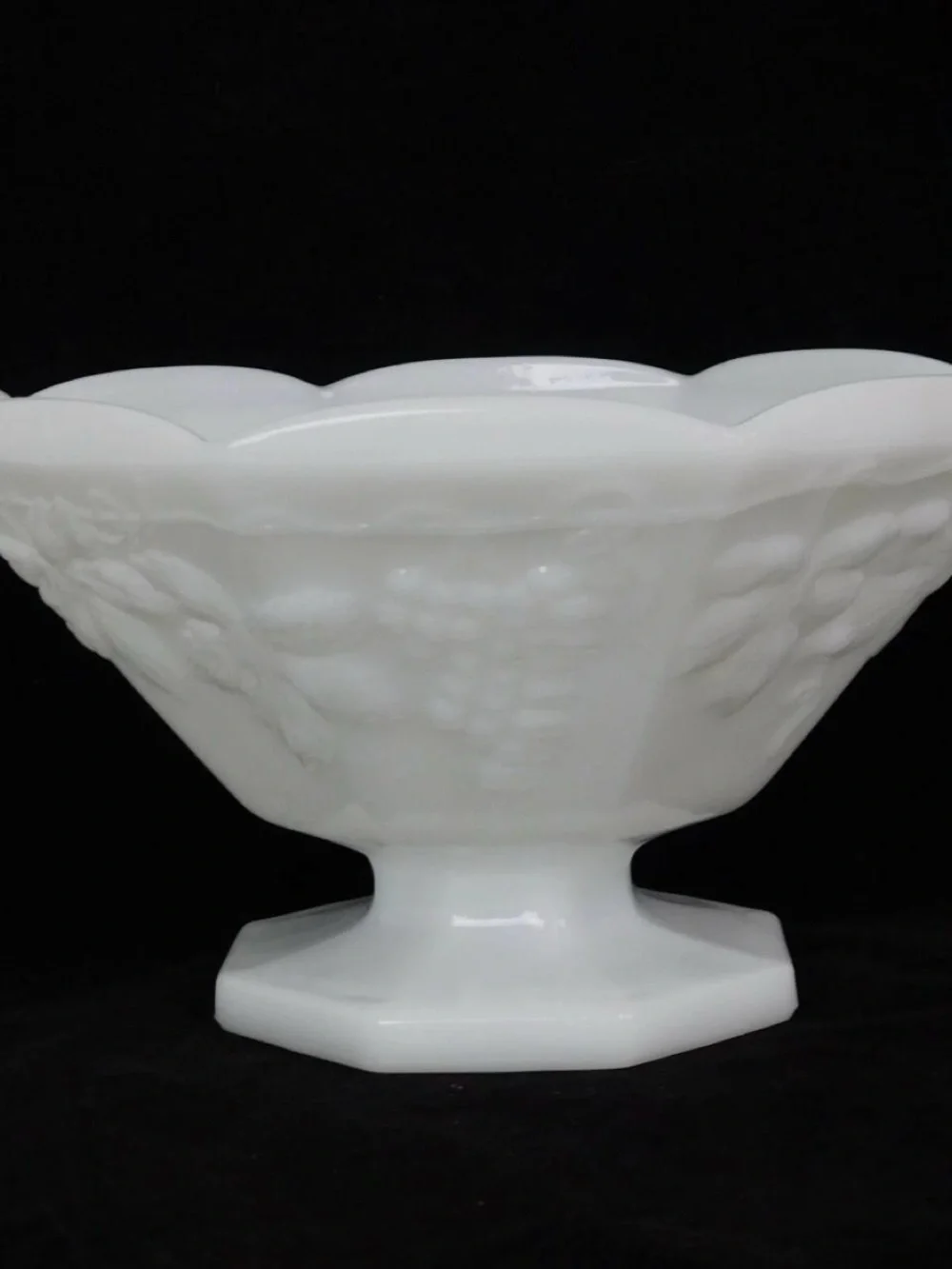 Anchor Hocking White Milk Glass Fruit Motif Pedestal Bowl